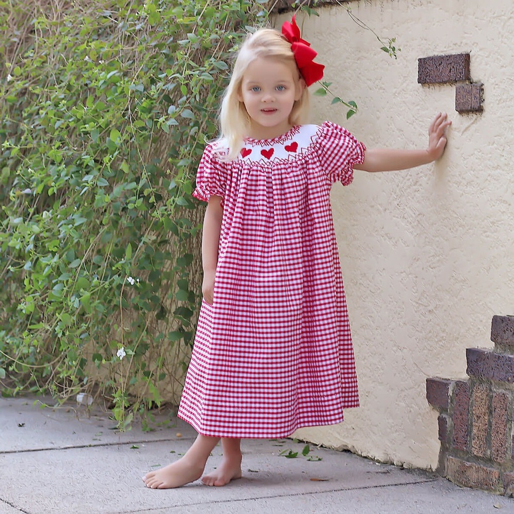 Gingham Valentine Smocked Heart Long Sleeve Bishop Dress